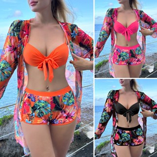 Fato De Banho De Três Peças De Malha Com Biquíni Multicolor sexy De Ângulo Plano Fashion Beach Verão 2024