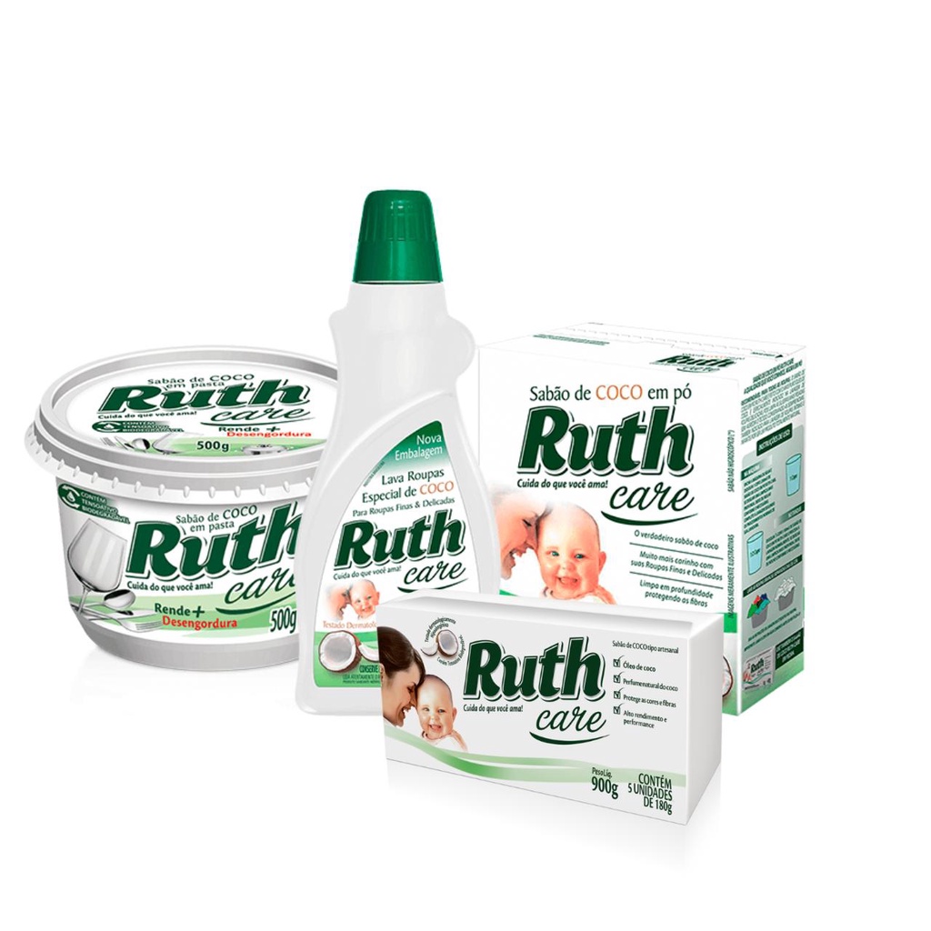 Kit Ruth Baby: Lava Roupas Líquido Coco 1l + Sabão Pasta Coco 500g + Sabão Pedra Coco 5X180g + Lava Roupas Pó Coco 500g em Oferta na Shopee