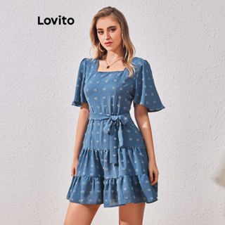 Lovito Casual Vestido Feminino Simples Camada com Amarras Bainha com Babado Tecido Jacquard LBL07094