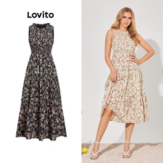 Lovito Vestido com Camadas e Estampa Floral para Mulheres LBE04085 (Amarelo Claro)