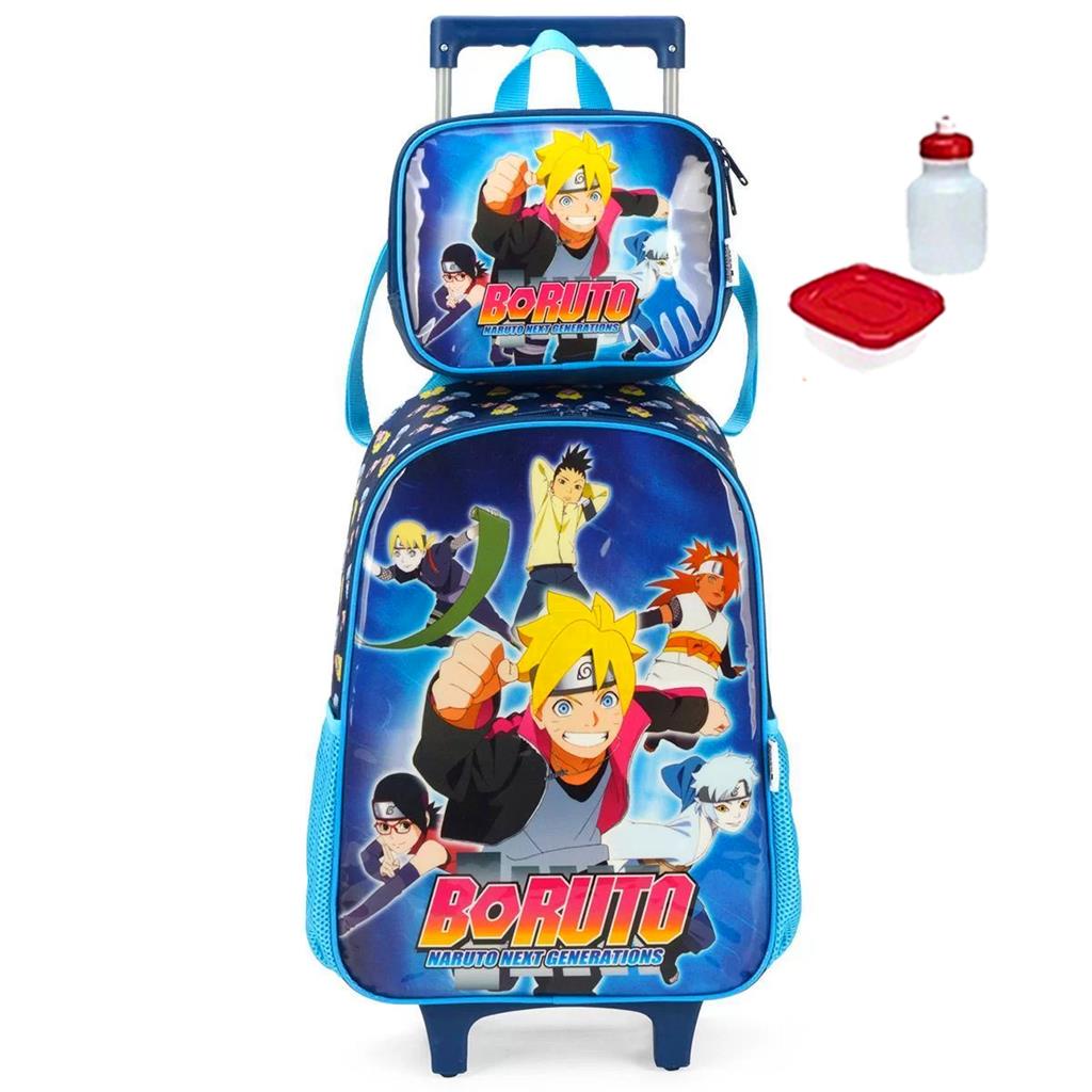 Kit Mochila Mochilete Infantil Boruto Escolar Reforcada Rodinhas Tamanho G Com Lancheira Termica Garrafinha Potinho