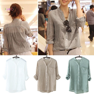 Uequilibrium Women Tops De Outono Botão De Linho Para Baixo Camisa De Carreira Casual Solta Blusa De Manga Comprida Nova