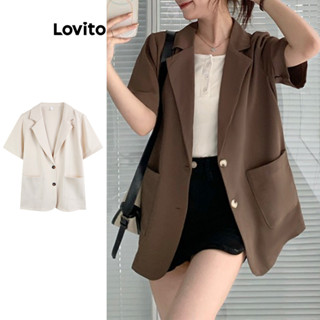 Lovito Blazer Frontal Casual Com Botão De Bolso Liso Para Mulheres LNA39045 (Café/Damasco)