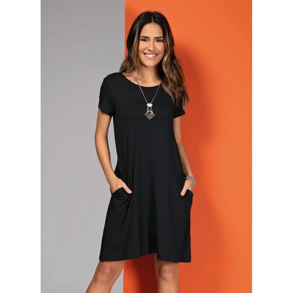 Vestido Com Bolsos E Mangas Curtas Preto Quintess em Oferta na Shopee