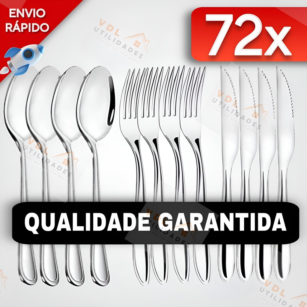 Jogo de Talheres 72 peças Aço Inox 24 Facas 24 Garfo de Mesa 24 Colheres