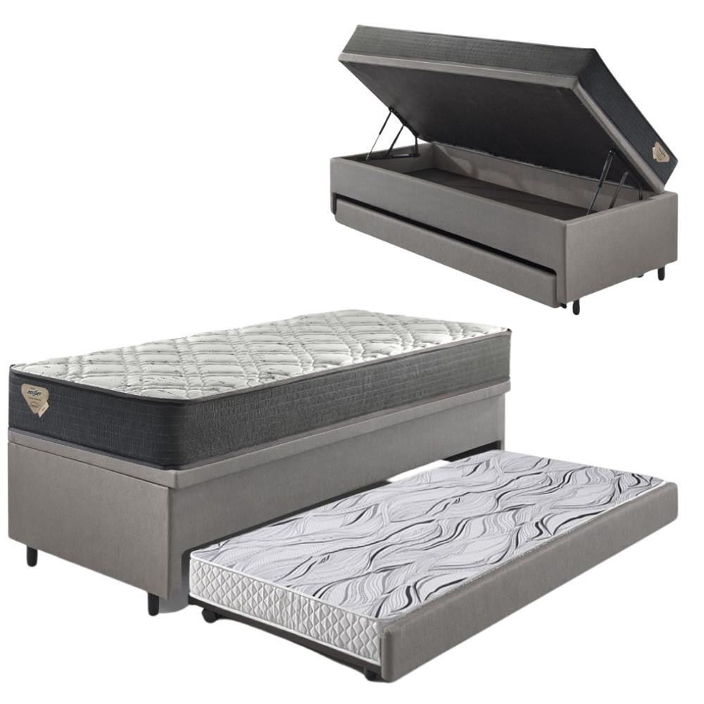 Bicama Box Baú 96x203 Cinza com Colchão Adapto Ecoflex