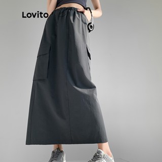 Lovito Saia com Bolsos e Amarração Simples Casual para Mulheres LNE10098 (Cinza Escuro)
