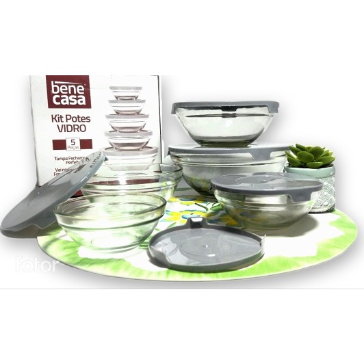 Kit Conjunto Pote Tigela Vidro Resistente Temperado Bowl C/tampa Fixadora 5 Pcs Porta Alimento Frutas P/Freezer Lava Loucas Microondas