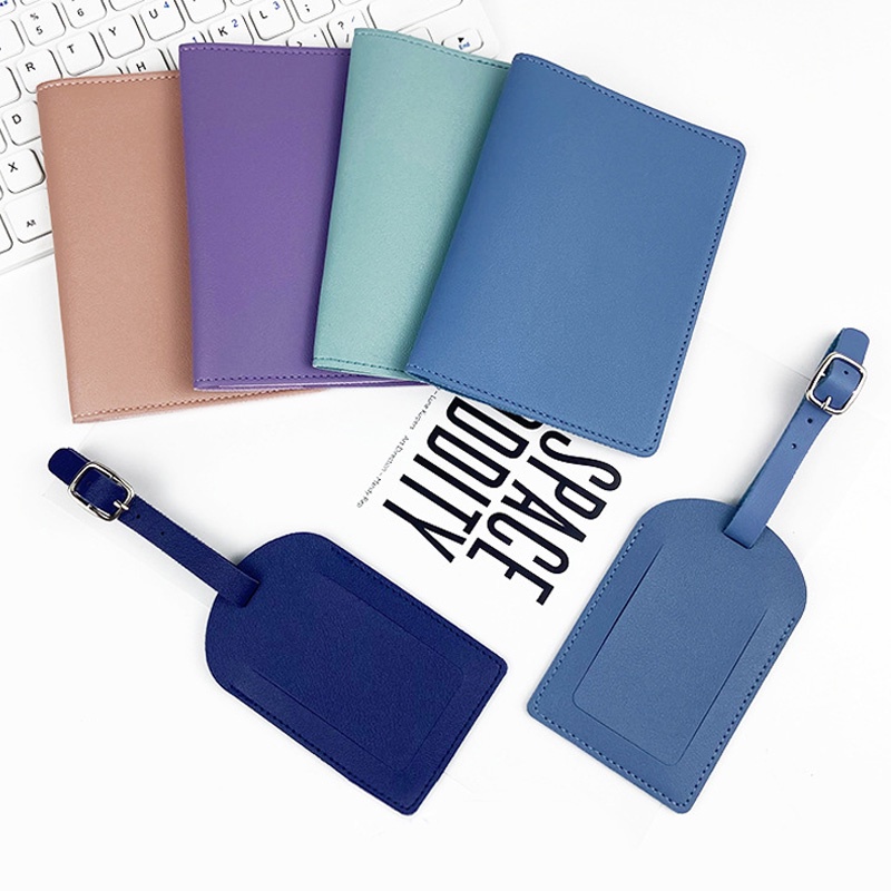 Imagem Novo Porta-Passaporte De Couro PU Portátil Capa Do Etiquetas De Bagagem Conjunto Cartões Organizador De Caixa De Cartão Moda Cor Sólida Identificação Etiqueta De