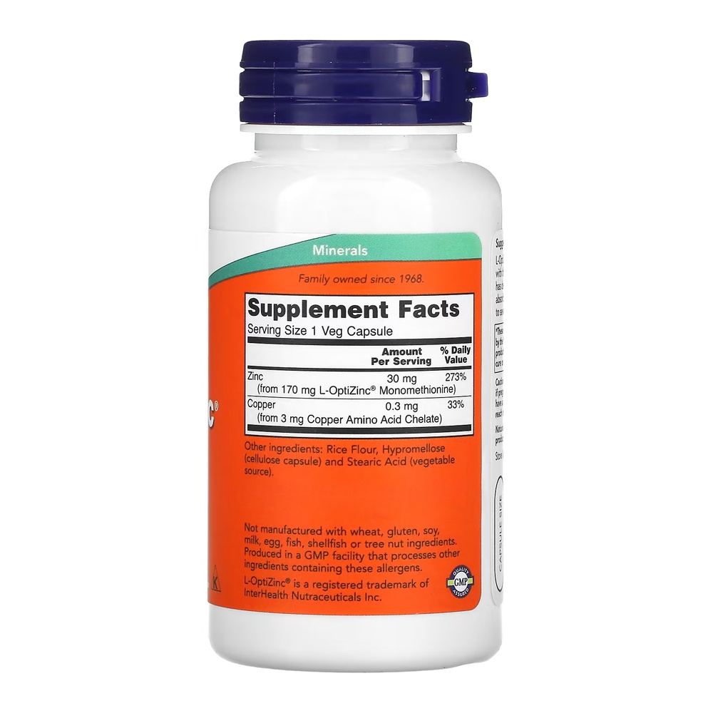 Detalhes do Now Foods L-OptiZinc 30mg 100 Veg Caps / No Brasil