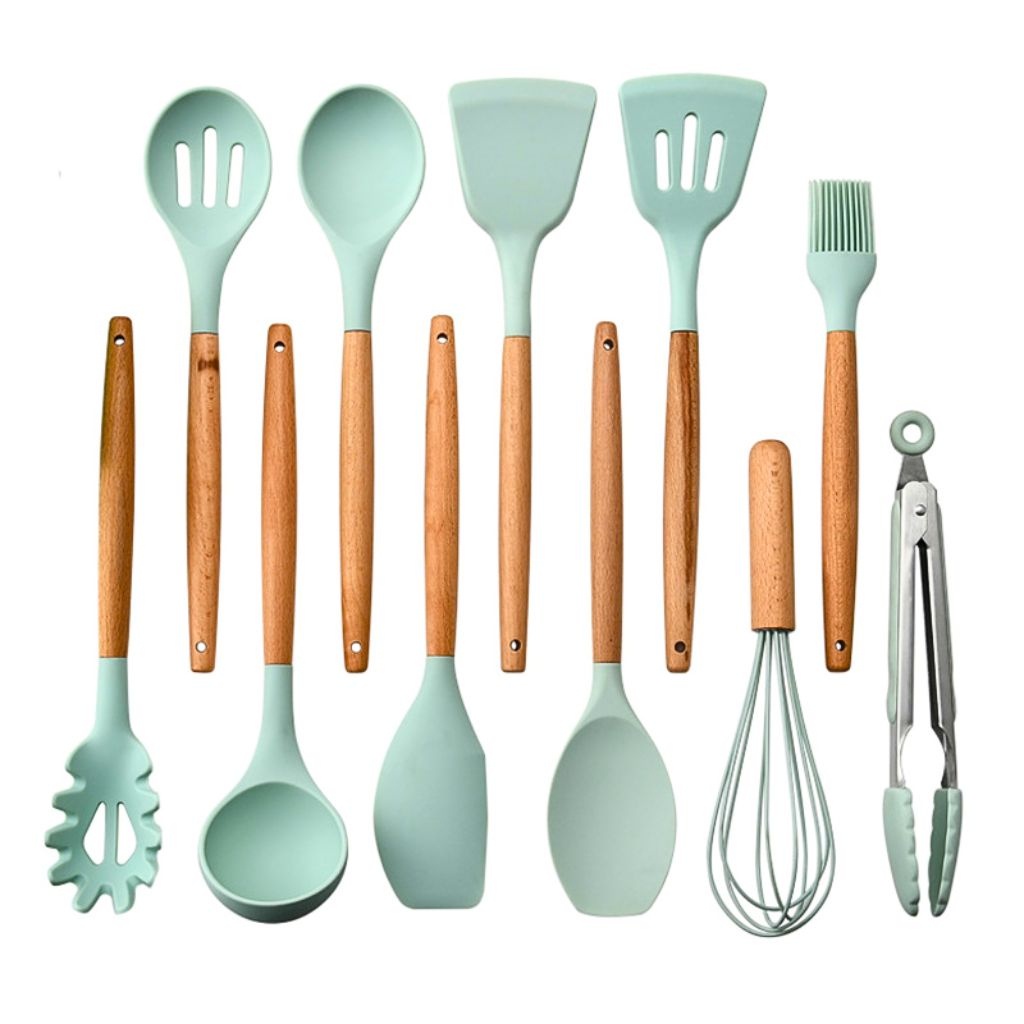 KIT de Utensílios Para Cozinha em Silicone e plástico e Bambu 12 Peças