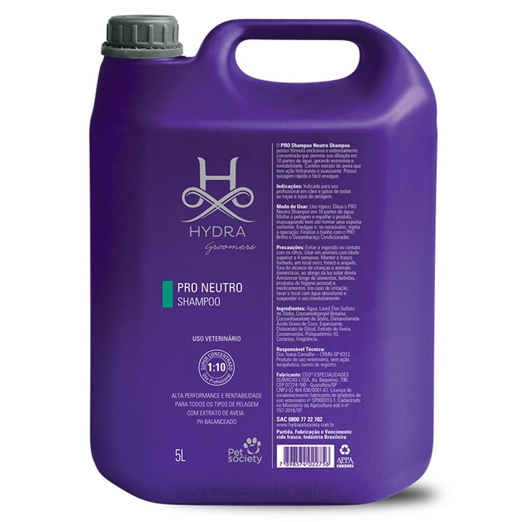 Shampoo Neutro Hydra Groomers Cães Gatos Galão 5L Diluição 1:10