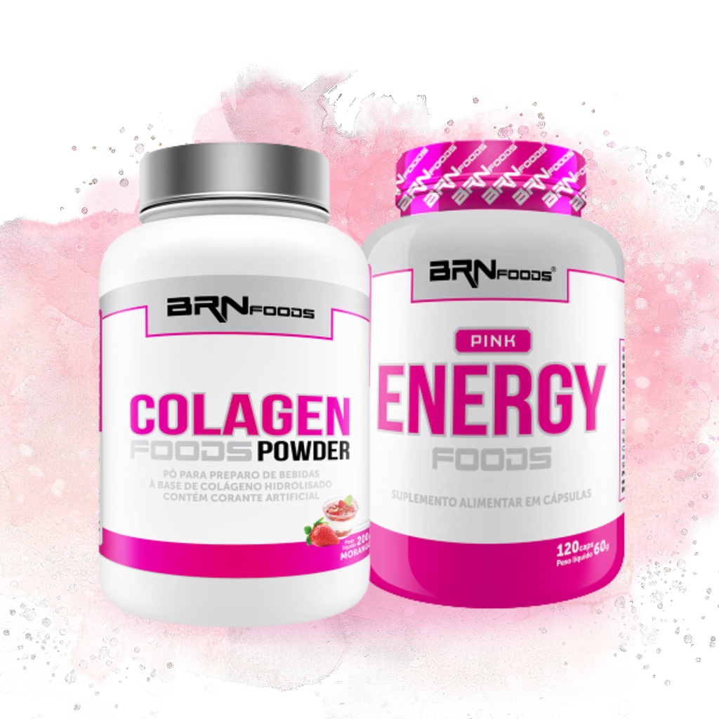 Kit Termogênico Pink Energy 120 Cápsulas + Colágeno Foods Powder 200g Sabor Morango - BRN Foods