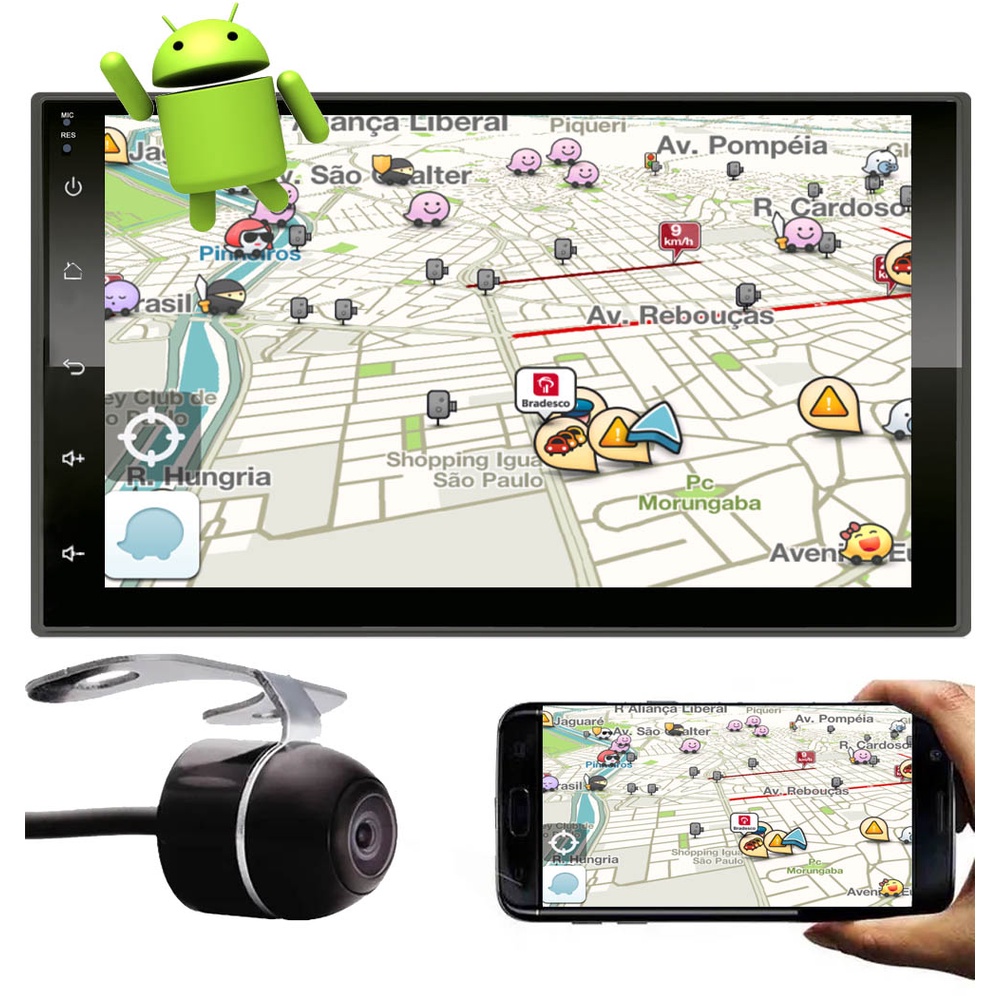Multimídia MP5 2 Din Android E-Tech 7" Polegadas Espelhamento Bluetooth GPS USB SD Card + Câmera Ré