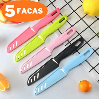 Kit 5 Faca Colorida Afiada Faquinha Lâmina Aço Inox Cozinha Pesca Camping com Capa de Proteção Portátil