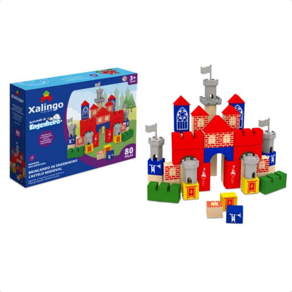 Brinquedo de Montar Brincando de Engenheiro Castelo Medieval 80 Peças Madeira Reflorestada Criatividade - 54621 Xalingo - Mom & Baby