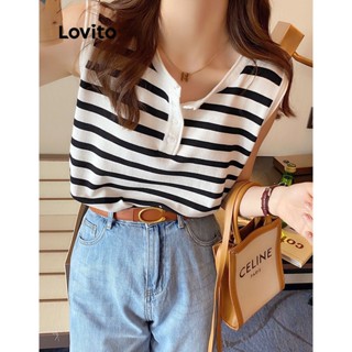 Lovito Casual Blusa Feminina Listrada com Botão Frontal LNA29042 (Branco/Preto e Branco)