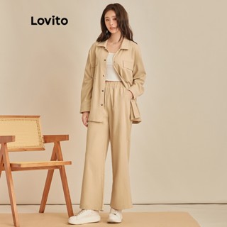 Lovito Modest Botão de Manga Longa Liso Botão de Manga Longa Frontal Conjuntos de Calças para Mulheres L45ED050 (Cáqui Leve)