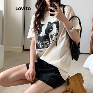 Lovito Camisetas Casuais com Estampa de Gato para Mulheres LNE16096 (Branco)