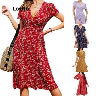 Lovito - Vestido Longo Feminino Boho Com Estampa Floral Decote V L01146nas cores vermelho, Lilás, azul e amarelo