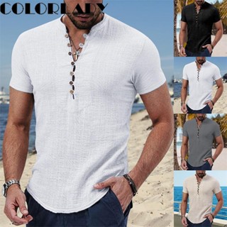 Homens Botão De Cor Sólida V Linho Manga Curta Camiseta Summer Top