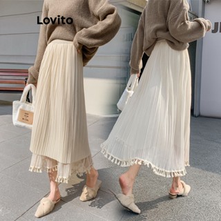 Lovito Casual Saia Feminina Lisa de Camada Dupla Plicada LNA35040 (Damasco/Preta)
