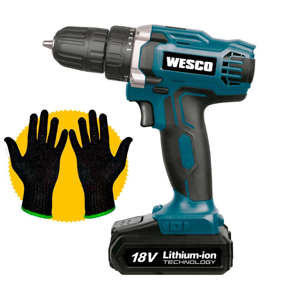 Parafusadeira & Furadeira 10mm a Bateria 18v Wesco WS2972 + Luva Pigmentada Obra LDI SAFETY