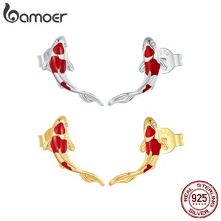 BAMOER 925 Sterling Silver Koi Fish Red Carp Stud Brincos Para Mulheres Com Zircônio Brilhante Jóias De Moda Presentes De Ano Novo