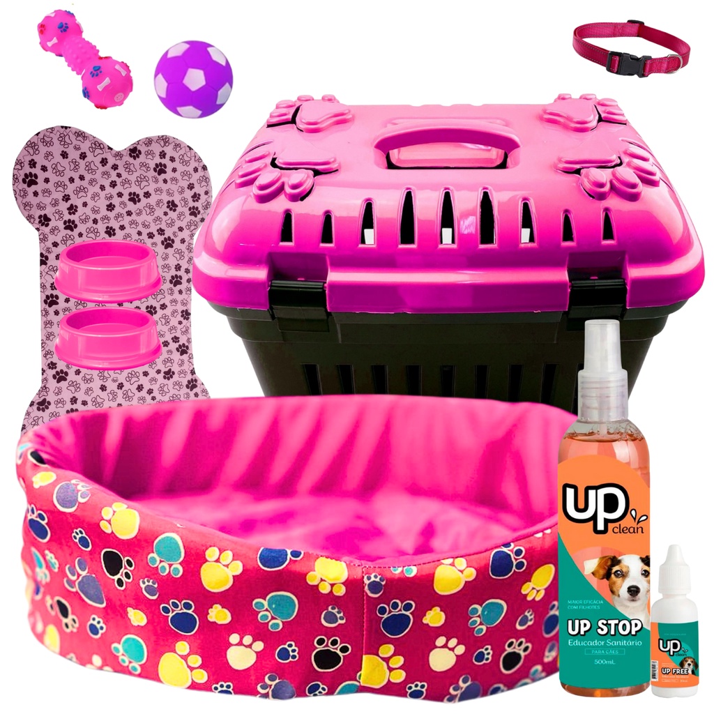 Cama para Cachorro + Caixa de Transporte Pet + Brinquedos + Comedouro para Cachorro + Bebedouro para Cachorro + Coleira