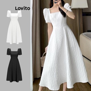 Lovito Elegante Liso Vestido Feminino de Manga Bufante e Gola Quadrada L65ED170 (Branco)