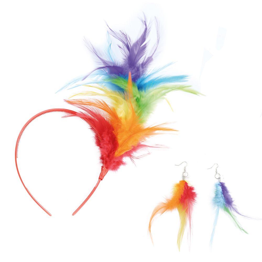 Kit de Tiara com Brincos Feitos de Pena Arco Iris Colorido tema LGBT 2 Peças Carnaval