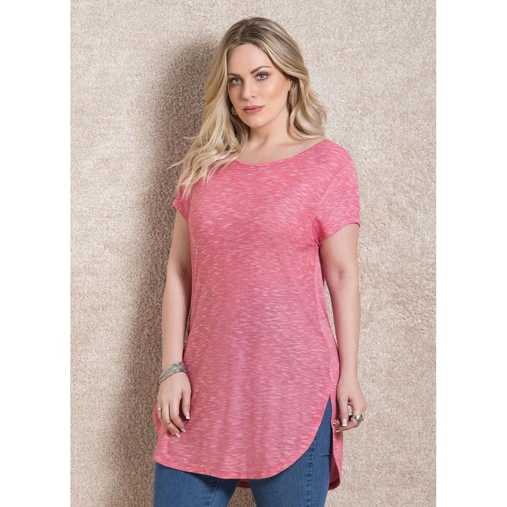 Blusa Alongada Com Barra Arrendondada Rosa Quintess
