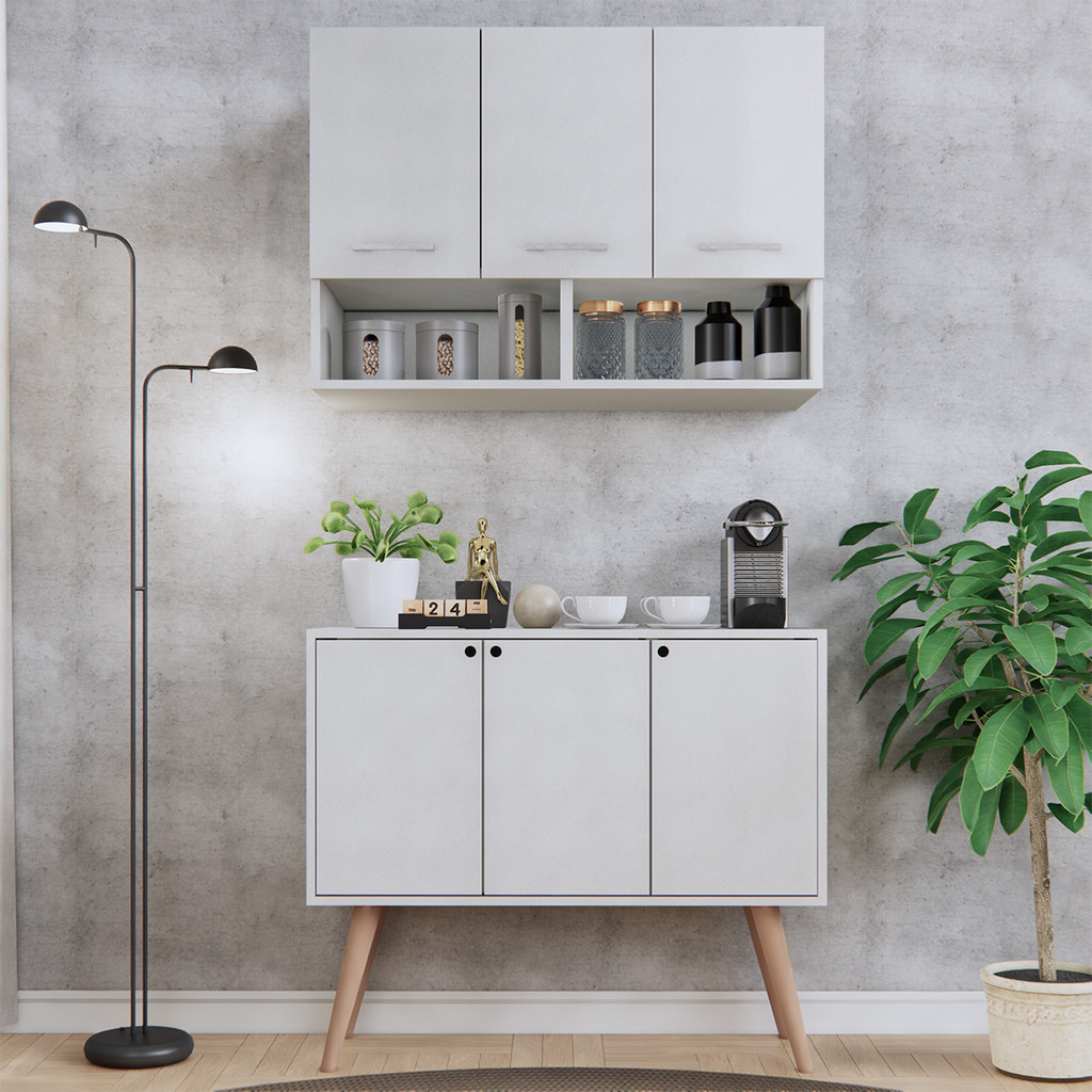 Conjunto Armário Suspenso 3 Portas e Balcão Cozinha Com Pes de Madeira Retrô Móveis Bonatto - Home & Living
