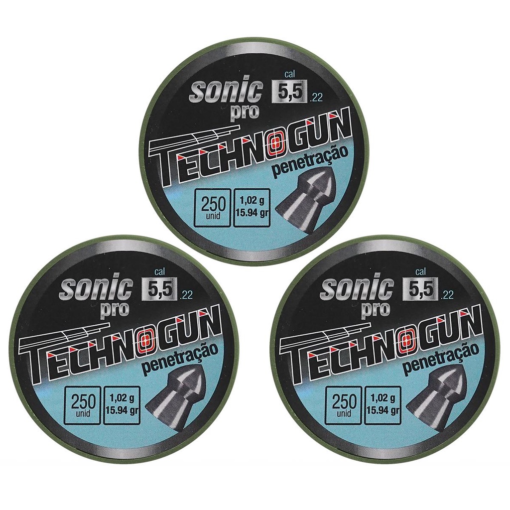 3 Latas de Chumbinhos Technogun Sonic Pro Penetração 15,94gr Cal 5.5mm 250un. (cada) em Oferta na Shopee