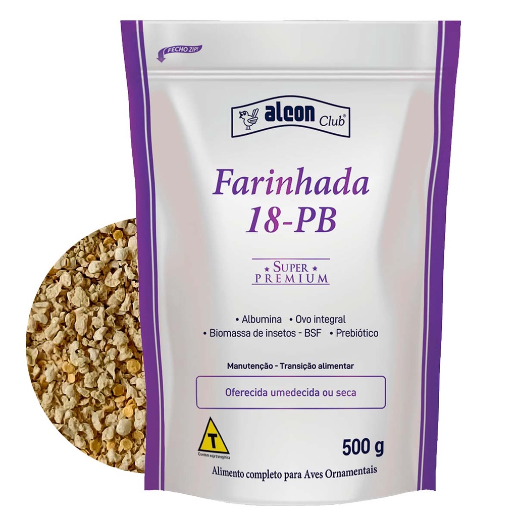 Alcon Club Farinhada 18-PB 500g Canário Curió Coleiro Insetos BSF Seca Úmida Super Premium Albumina