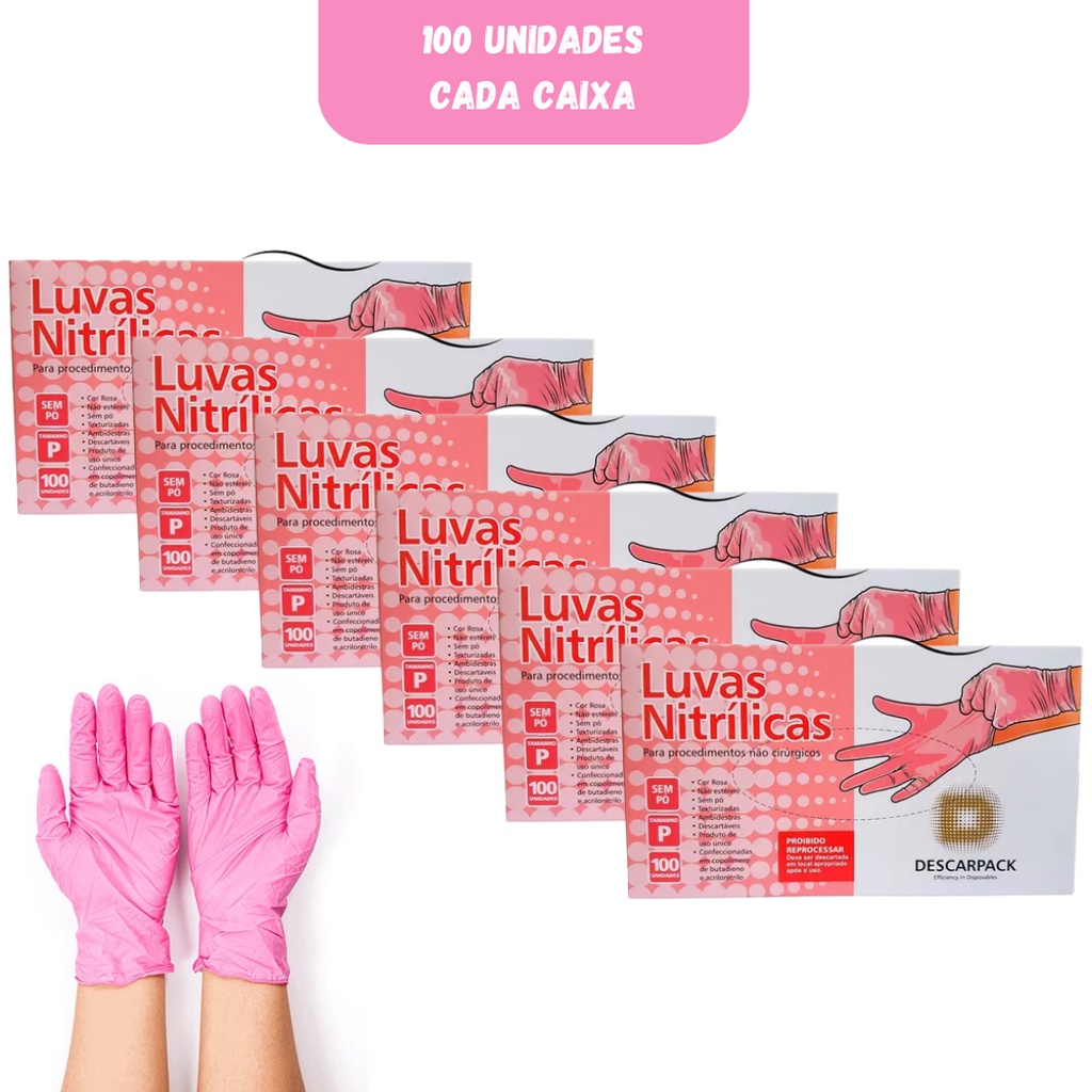 Luva Nitrilica Tamanho P Rosa 100 Uni Descarpack - Kit com 6 caixas