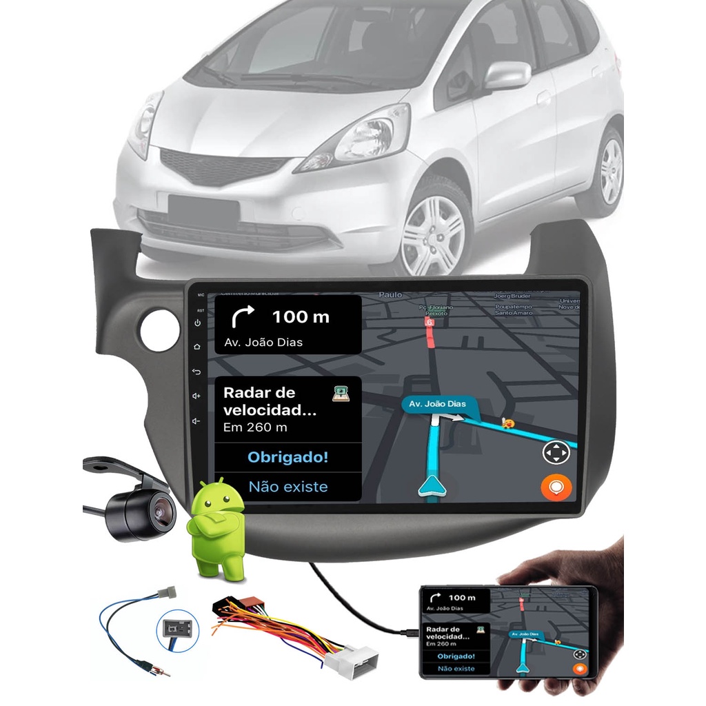 Multimídia 10" Android Fit 2008 a 2013 + Câmera Ré + Moldura + Chicote de ligação + Adaptador Antena