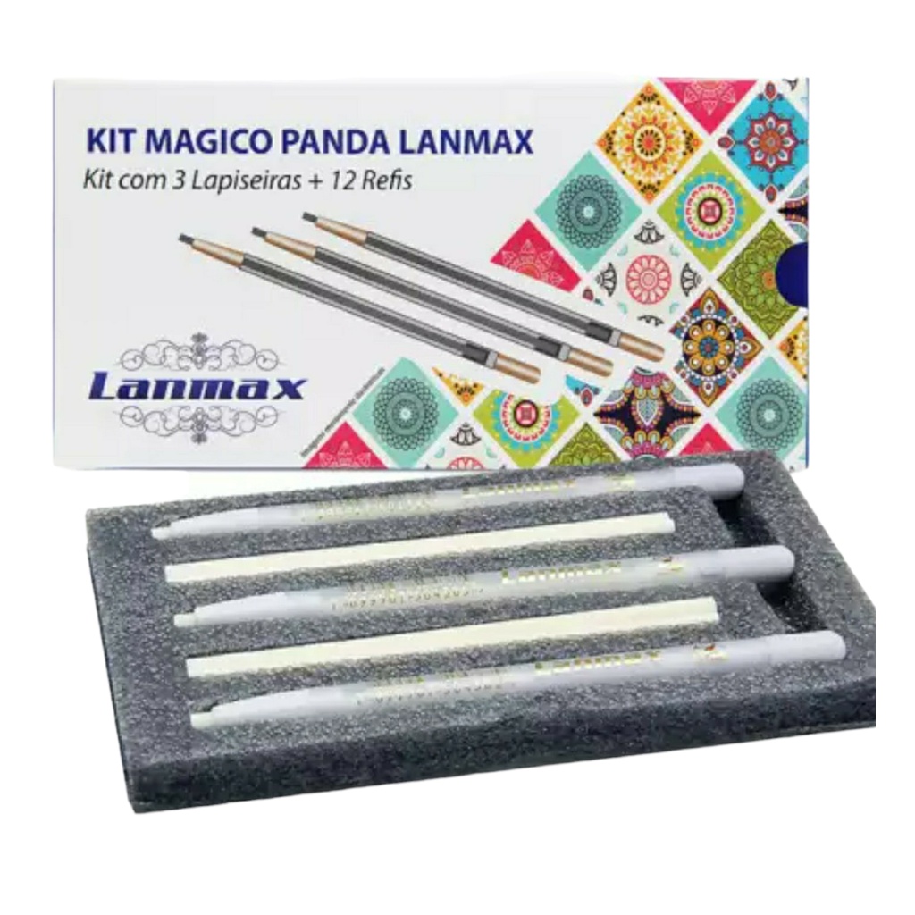 Kit Giz Mágico Panda Lanmax 3 Lapiseiras e 12 Refis pachwork br