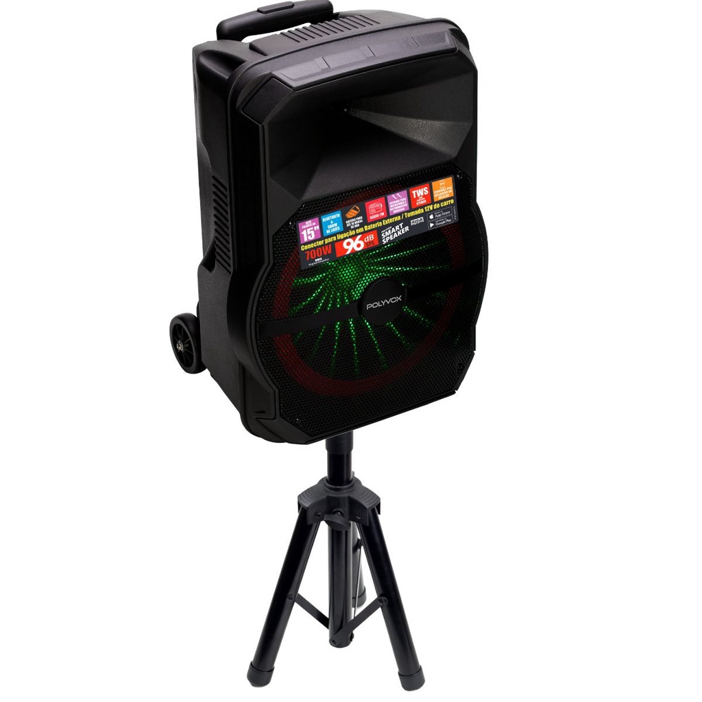 Caixa De Som Amplificada Xc-715T Polyvox Bluetooth Usb 700w 10h bateria + Pedestal Tripé
