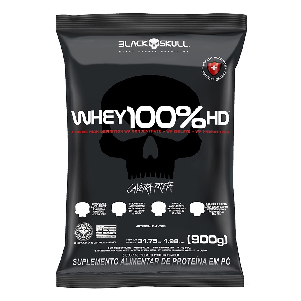 Refil Whey 100% HD Black Skull Sabor Morango 900g (Whey Concentrado+ Isolado+ Hidrolisado) 4,6g BCAA