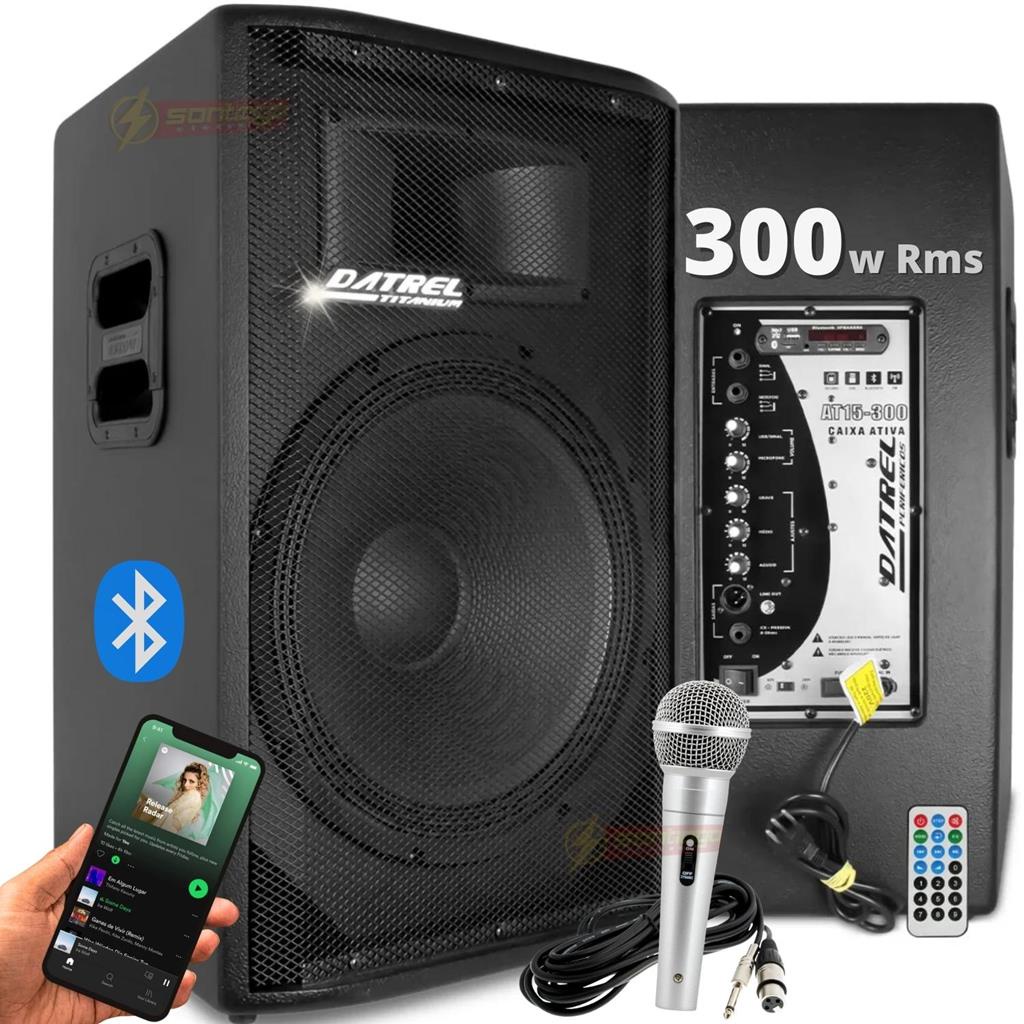 Caixa Som 300w Rms 15 Polegadas Ativa Amplificada Bluetooth Acustica Profissional Datrel Grande Igreja + Microfone Fio
