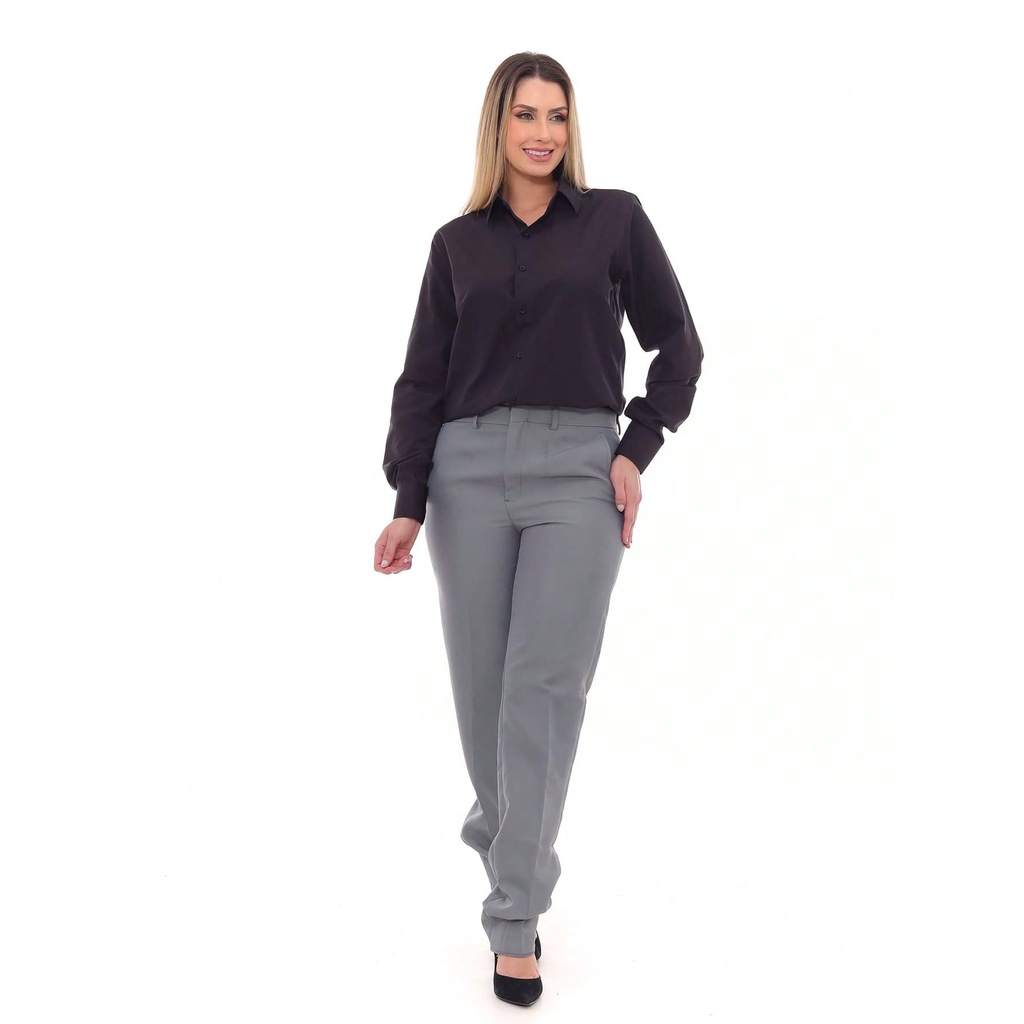 KIT Feminino Oversized 2 Peças- Camisa Social Slim Preta e Calça Social Cinza Claro com Passantes e Colchete