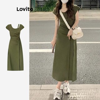 Lovito Casual Vestido Feminino Liso Assimétrico com Babados LNE26003 (Verde Militar/Amarelo Claro)