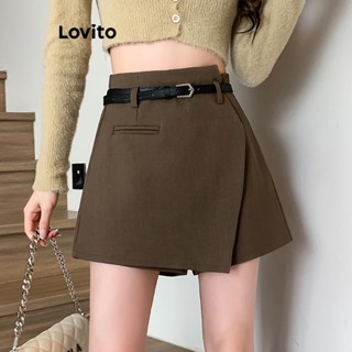 Lovito Casual Shorts Feminino Liso com Cinto e Bolso LNA27327 (Café)