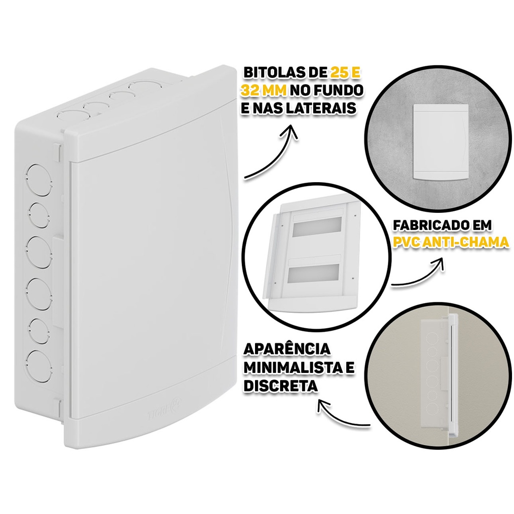 Quadro Caixa De Distribuição Residencial P/ Embutir Branco 12/16 Disjuntores Padrão Din Nema