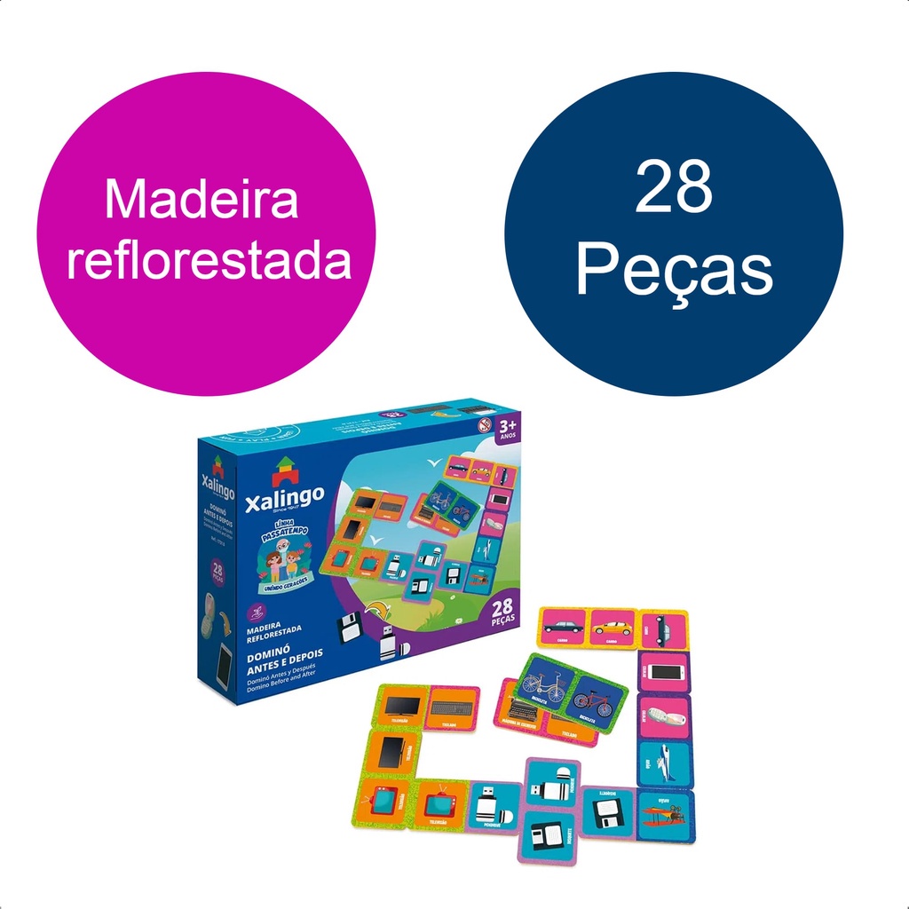 Detalhes do Jogo Passatempo Dominó Antes e Depois 28 Peças Em Madeira Reflorestada Pensamento Lógico +3 Anos Xalingo - 17310