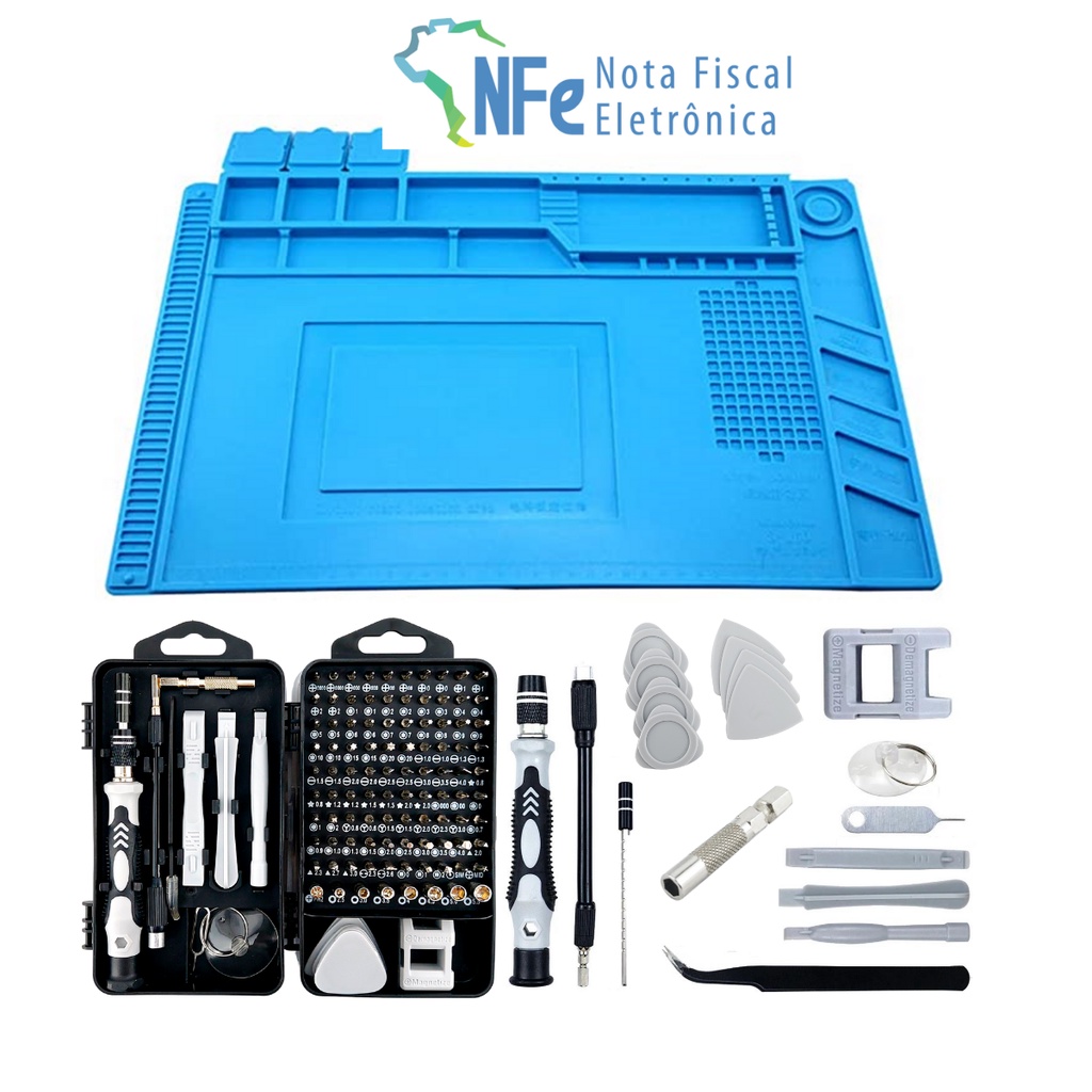 Kit Manta Antiestática 45x30cm com Chaves de Precisão 117 peças Estação de Trabalho Resistente a Calor com Jogo de Tapete de Silicone para Bancadas de Manutenção de Celular Iphone Notebook PC Desktop Tablet Eletrônicos
