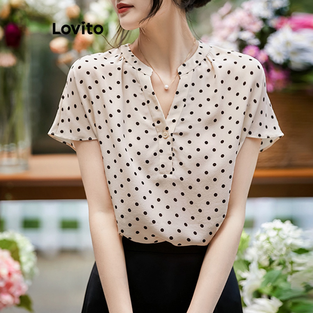 Lovito Blusa Elegante Frontal Com Botão De Bolinhas Para Mulheres LNE27216 (Multicolorido)
