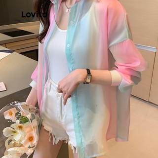 Lovito Casual Blusa Feminina Tie Dye Colorblock de Manga Comprida com Laço Frontal LNA08064 (Rosa)