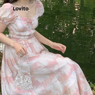 Lovito Casual Vestido Feminino Floral evasê Midi de Manga Curta com Babados LNE07128 (Multicor)